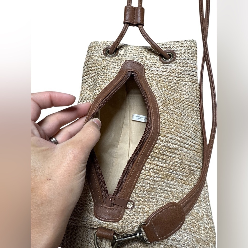 Woven Straw Drawstring Backpack With Brown Trim - image 3
